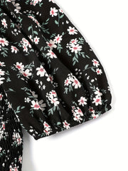 Ditsy Print Puff Sleeve Square Neck Stretch Dress