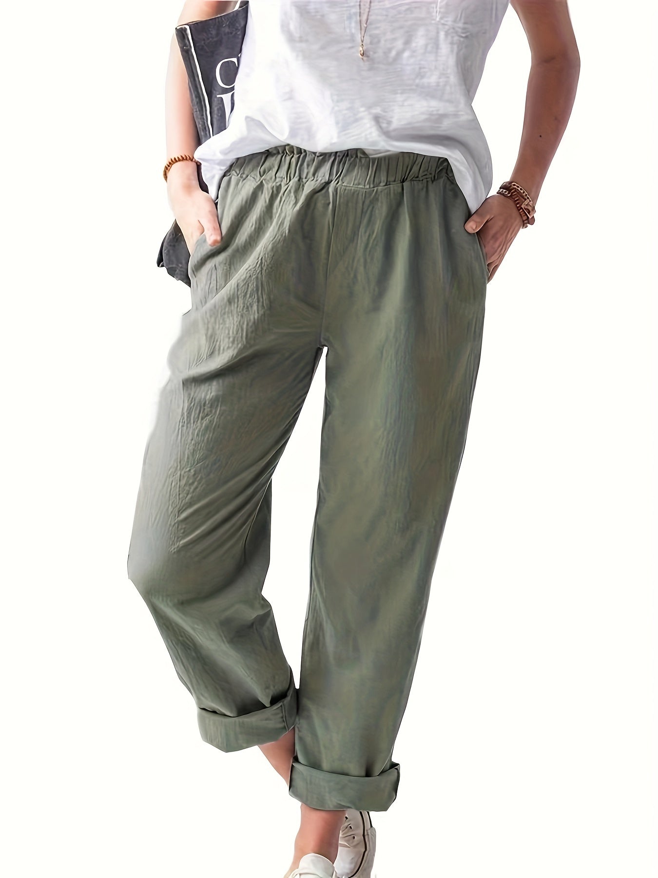Women's Plus Solid High Rise Straight Leg Pants With Pockets