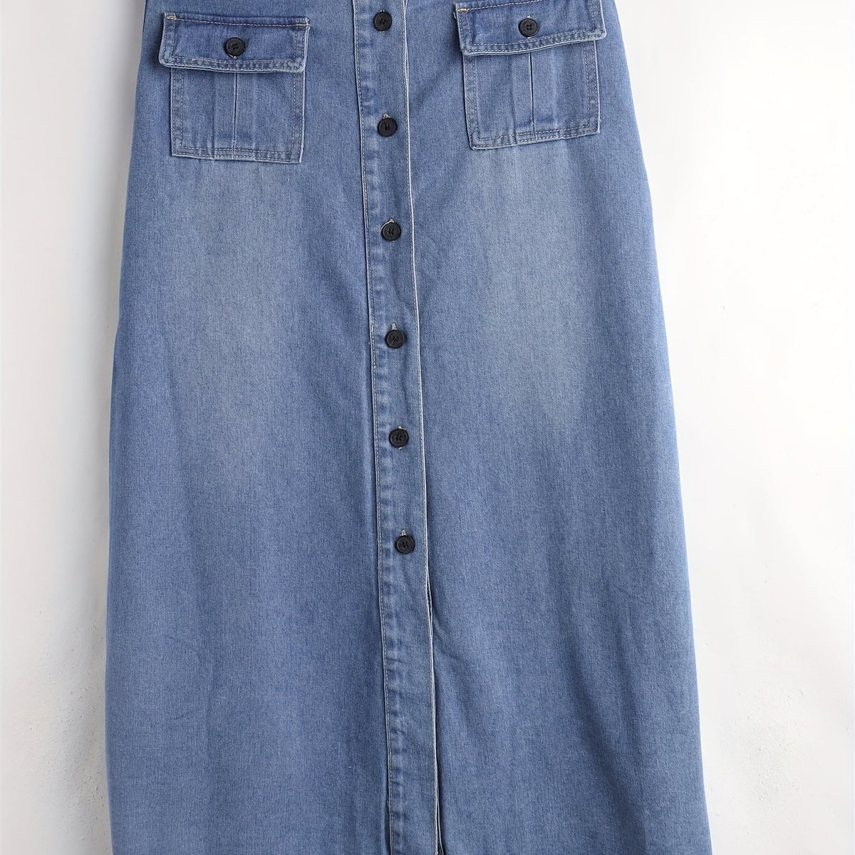 Solid Flap Pockets Denim Skirt Single Breasted Button Non Stretch