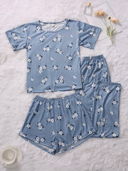 Floral Print Pajamas Set Short Sleeve Crew Neck Top & Shorts & Pants