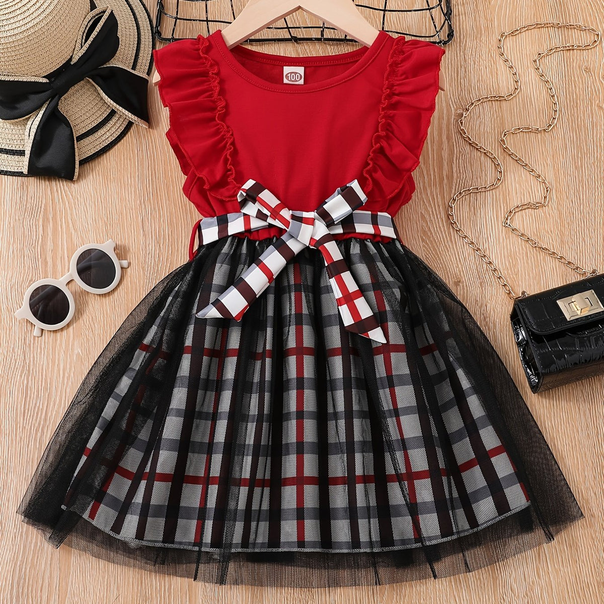 Girls Ruffle Sleeve Plaid Print Princess Dress With Belt