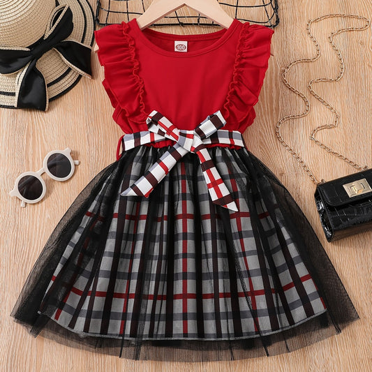 Girls Ruffle Sleeve Plaid Print Princess Dress With Belt