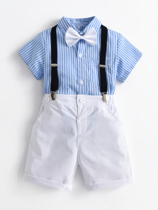 Toddler Boys Striped Bow Tie Top & Suspender Shorts Summer Set