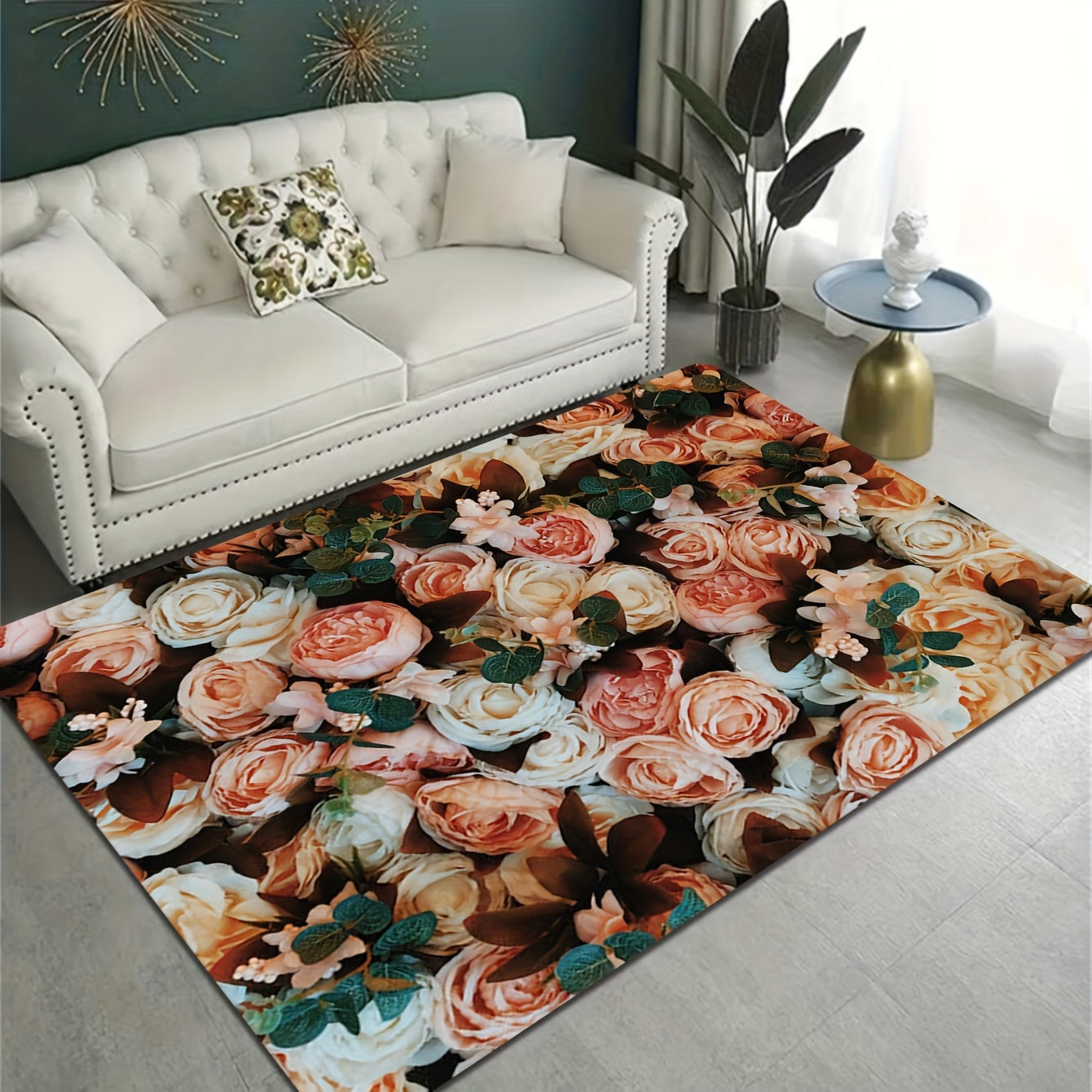 Retro Pink Rose Pattern Rug Machine Washable Carpet