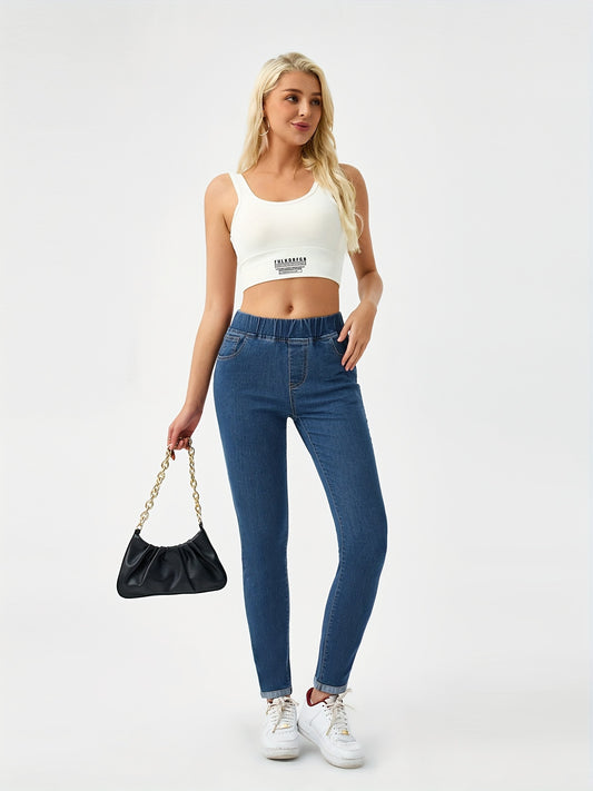 Elastic Waist Skinny Jeans Slim Fit Mid Stretch Versatile Denim Pants