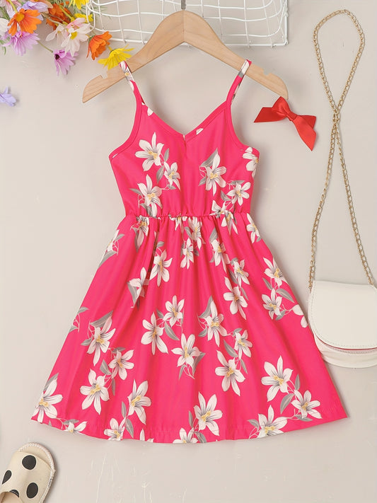 Girls Sundress Floral Pattern V Neck Elastic Waist Camisole Dress