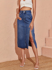 Double Button Washed Denim Skirt Side Split