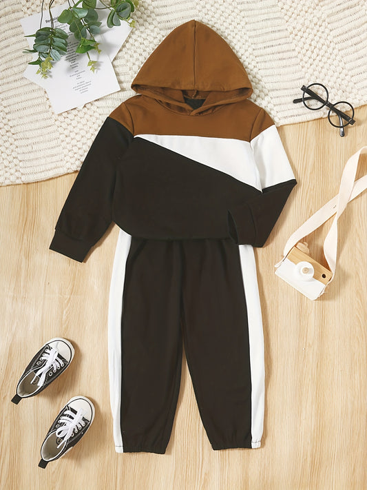 Boy's 2pcs Hoodie & Sweatpants Set Block Long Sleeve Top Casual Outfits