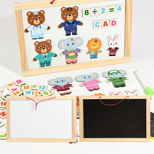 Kids Magnetic Drawing Board Bear Dress Up Puzzles Educational Number Magnets