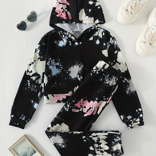 Girl's Tie Dye 2pcs Hoodie & Sweatpants Set for Spring Fall