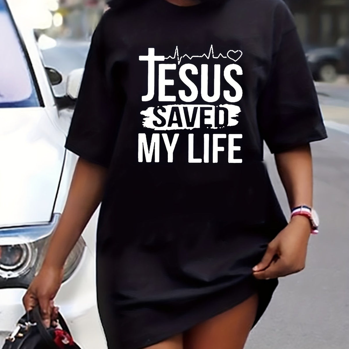  Women's Slogan Print Short Sleeve Dress