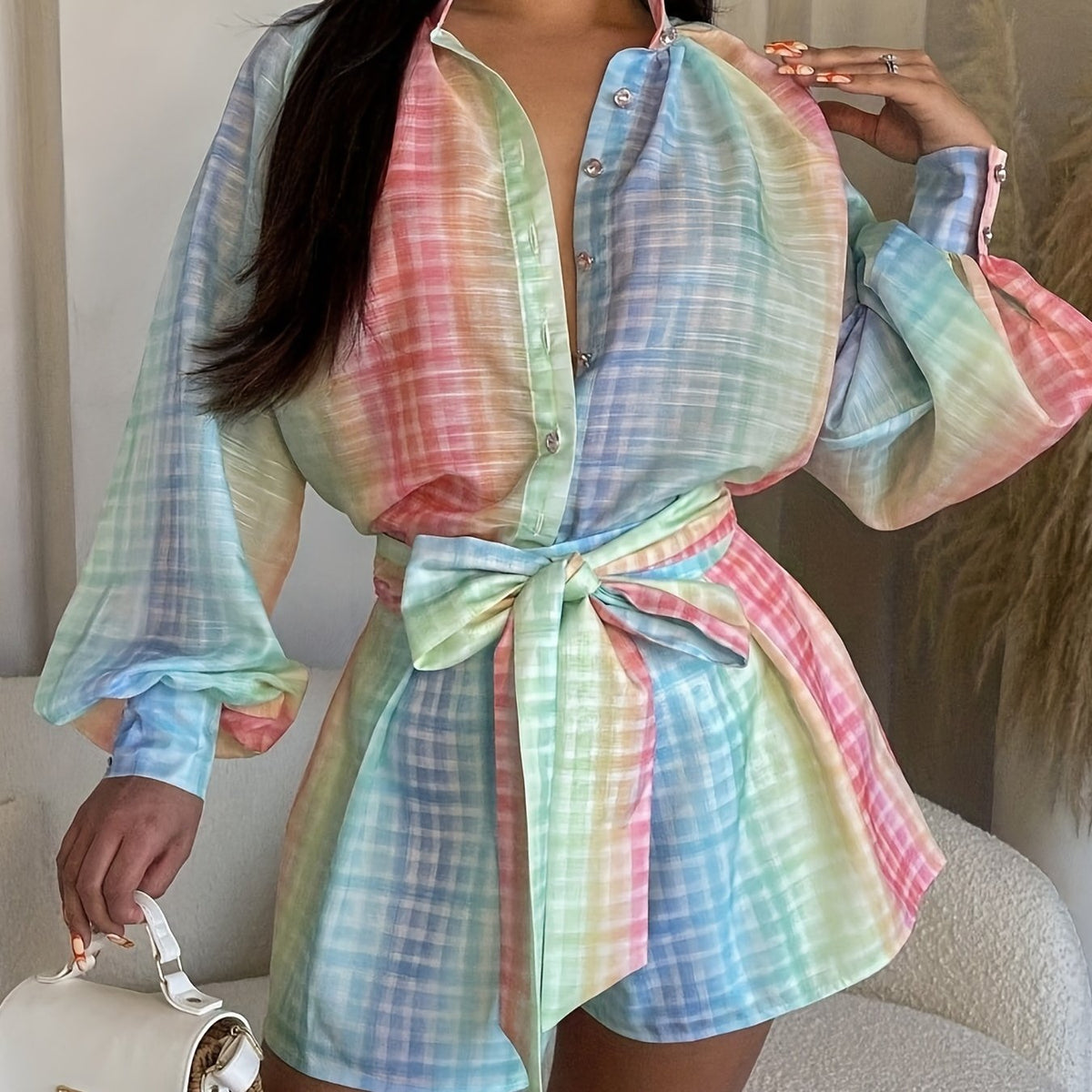 Colorful Plaid Jumpsuit Long Sleeve Casual Jumpsuit