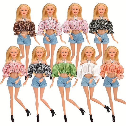 Multicolored Outfit Denim Shorts Floral Top High Heel Wristband Doll Clothes