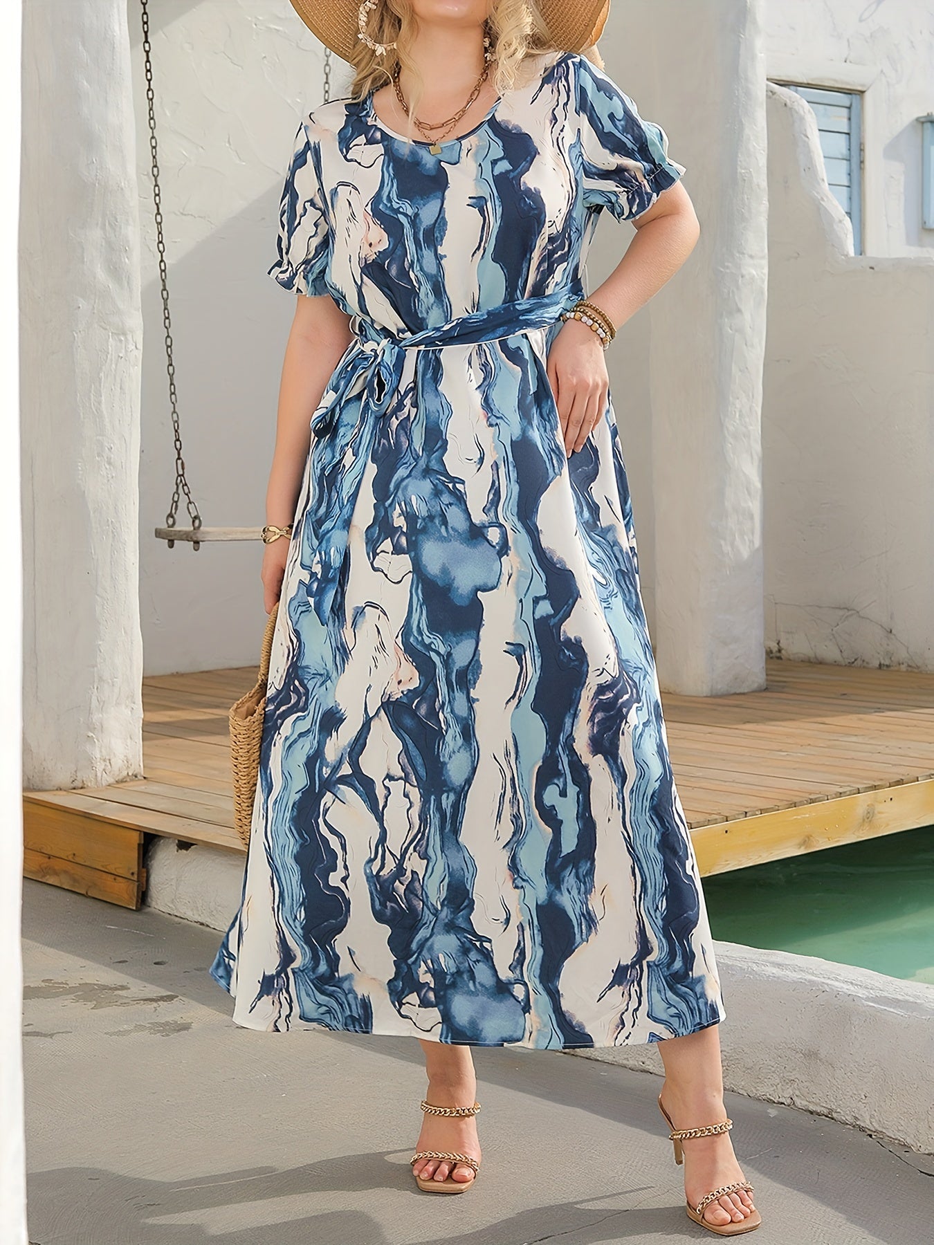  Marble Print Maxi Dress with Belt