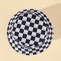 Smiling Face Print Bucket Hat Checkerboard Reversible Basin Hat