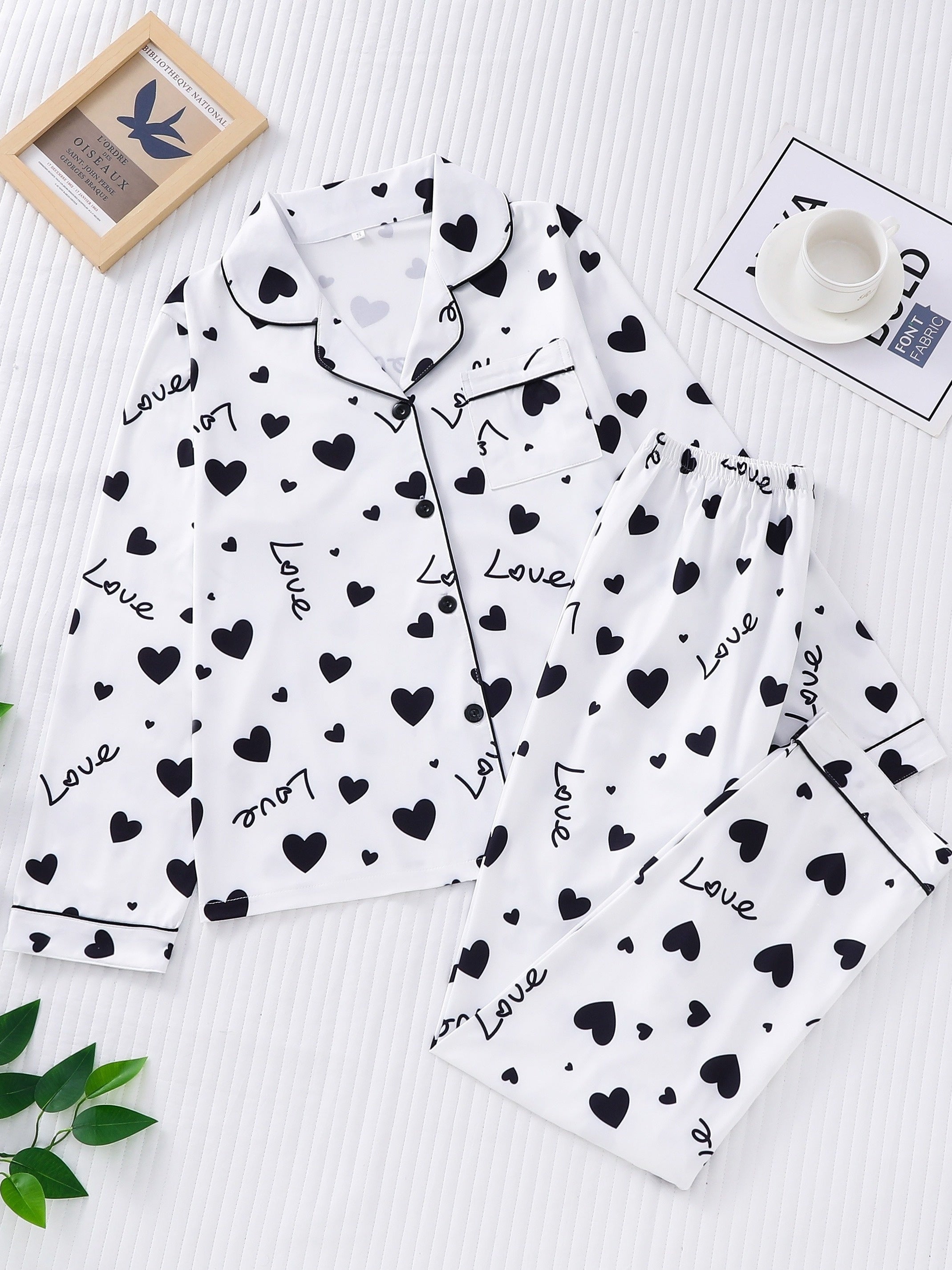 Heart Print Pajama Set Long Sleeve Buttons Top & Elastic Waistband Pants