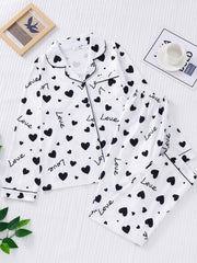 Heart Print Pajama Set Long Sleeve Buttons Top & Elastic Waistband Pants