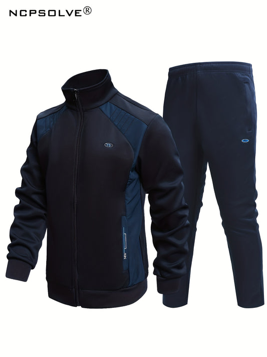 2pcs Men's Sports Suit Block Stand Collar Zip Up Jacket & Elastic Waist Pants