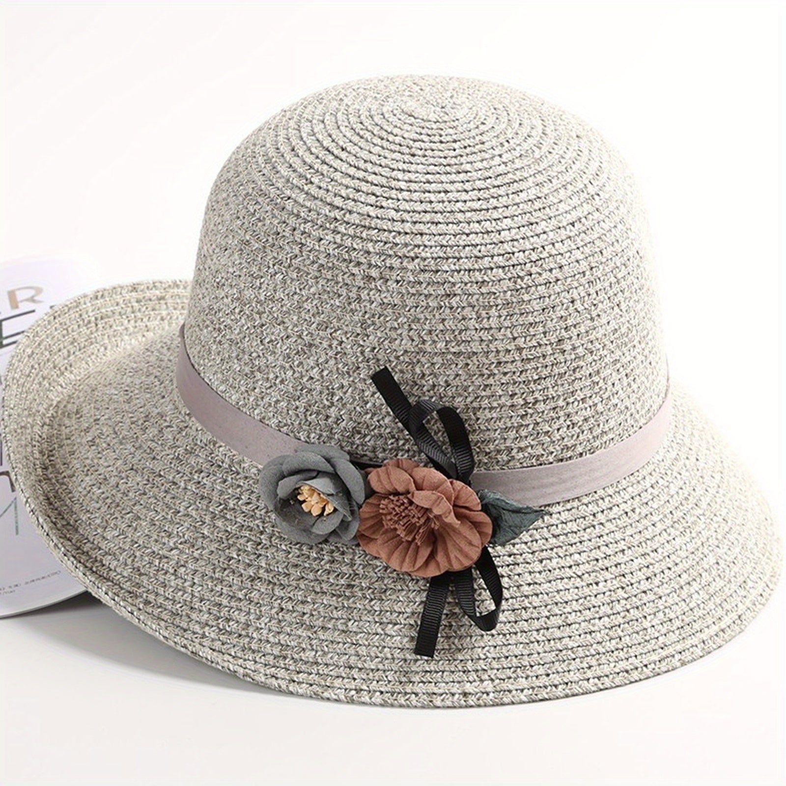 Flower Decor Straw Sun Hat UV Protection Bucket Hat for Women