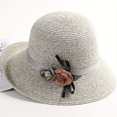 Flower Decor Straw Sun Hat UV Protection Bucket Hat for Women