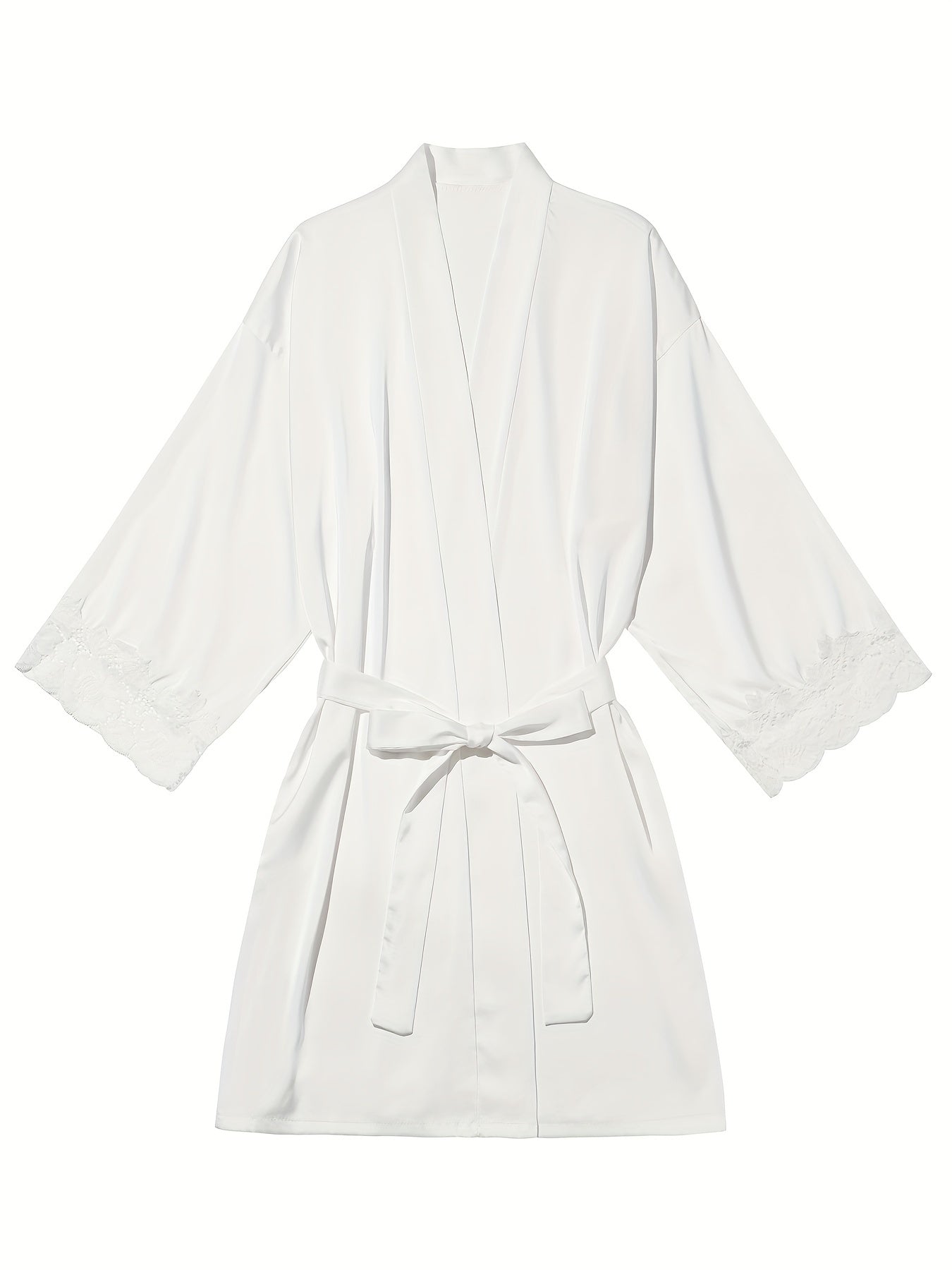 Satin Lounge Robe with Lace Trim V-Neck Long Sleeve Belted Women's Loungewear