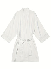 Satin Lounge Robe with Lace Trim V-Neck Long Sleeve Belted Women's Loungewear