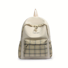 Khaki Plaid Pattern Backpack College Large Capacity School Bag