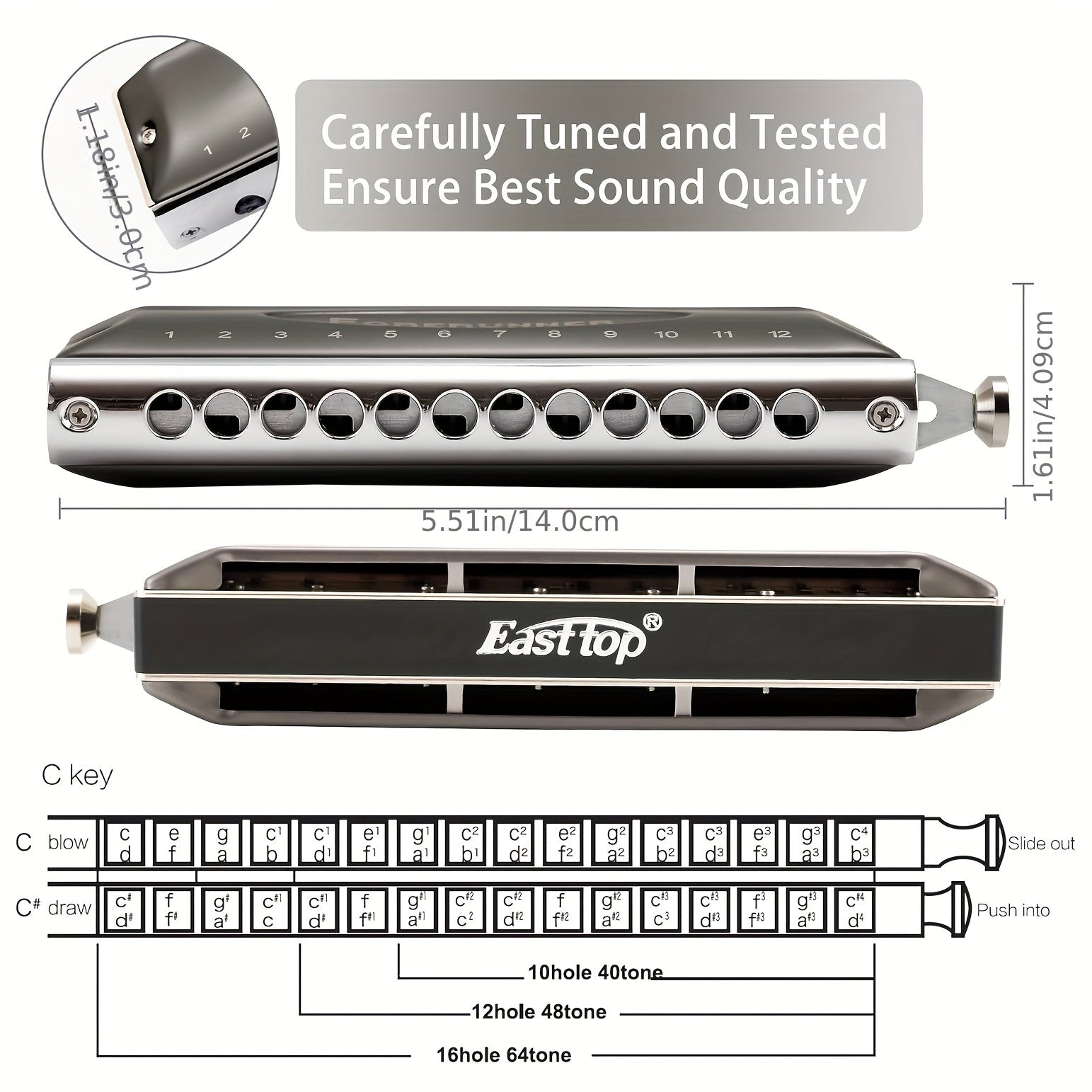 12 Hole Chromatic Harmonica Easy To Play And Carry