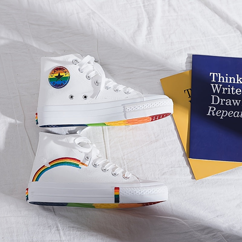Women's High Top Canvas Shoes Rainbow Flat Casual Shoes