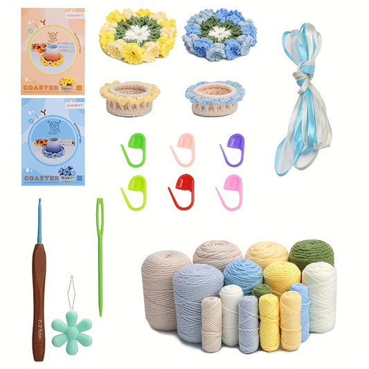 DIY Crochet Material Set Colorful Flower Tea Cup Mat for Home Decoration
