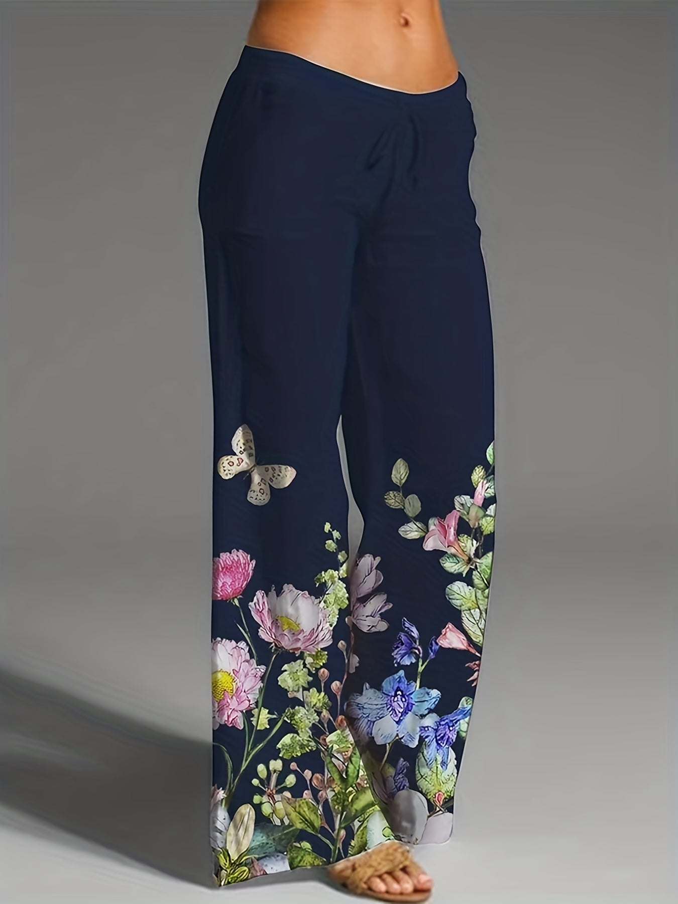 Women's Plus Floral Print Stretch Pants with Tie Front