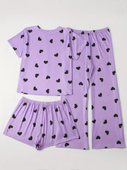  Heart Print Tee & Shorts & Pants Set