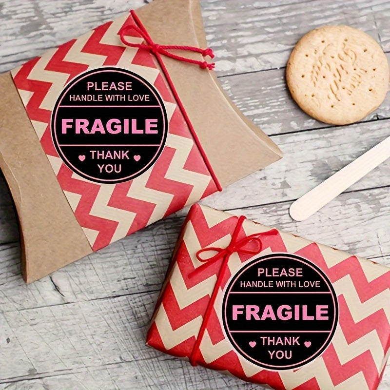 2" Pink Fragile Handle Heart Label Stickers 60pcs Adhesive