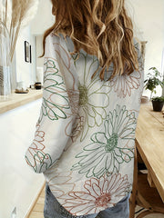  Daisy Print Long Sleeve Button-Up Collar Shirt
