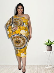 Floral Print One Shoulder Bell Sleeve Midi Dress Plus