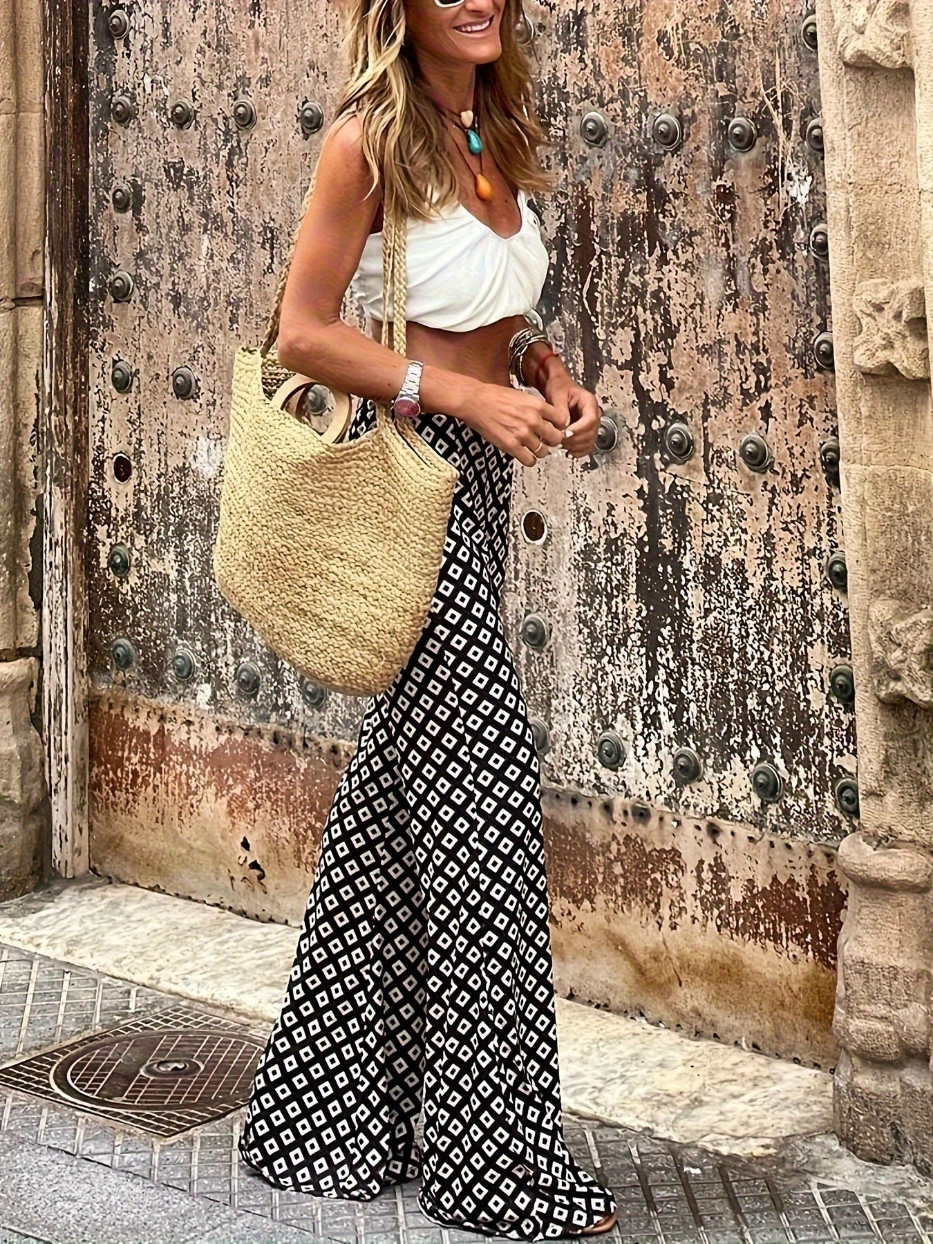  Boho Flared Leg Trousers, Argyle Print, High Rise