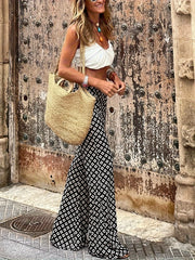 Boho Flared Leg Trousers, Argyle Print, High Rise