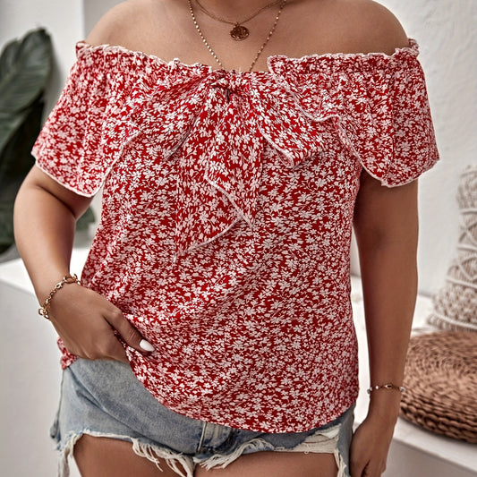  Off Shoulder Floral Print Ruffle Trim Cap Sleeve Top
