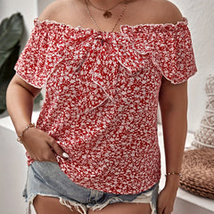  Off Shoulder Floral Print Ruffle Trim Cap Sleeve Top
