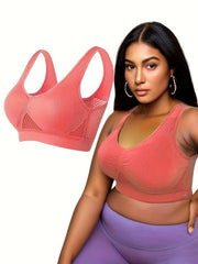  Sports Bra Women's Plus Solid Hollow Out Breathable Mesh Tank Bra