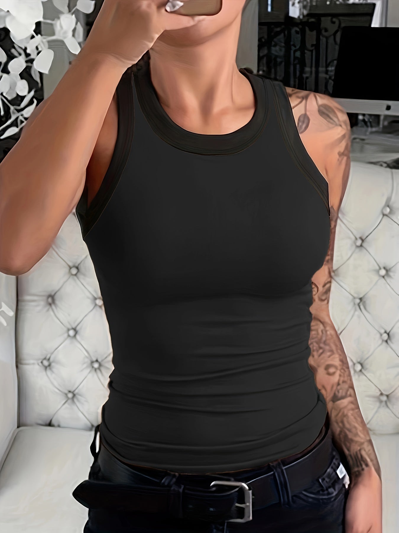  Colorblock Tank Top Round Neck Stretchy Skinny Tank Top
