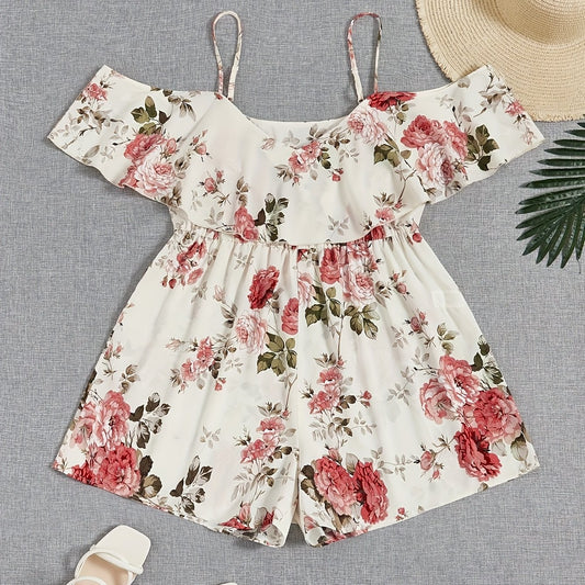  Floral Print Cold Shoulder Ruffle Trim Short Sleeve Romper