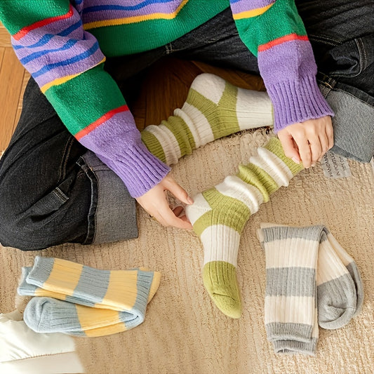3 Pairs Striped Crew Socks Soft Mid Tube Stockings