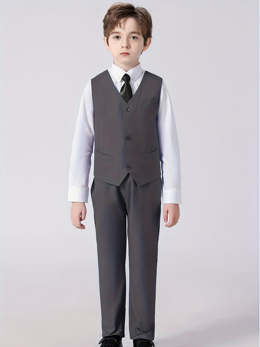 4pcs Boys Slim Fit Gentleman Outfit Set Long Sleeve Shirt&Pants&Vest&Tie