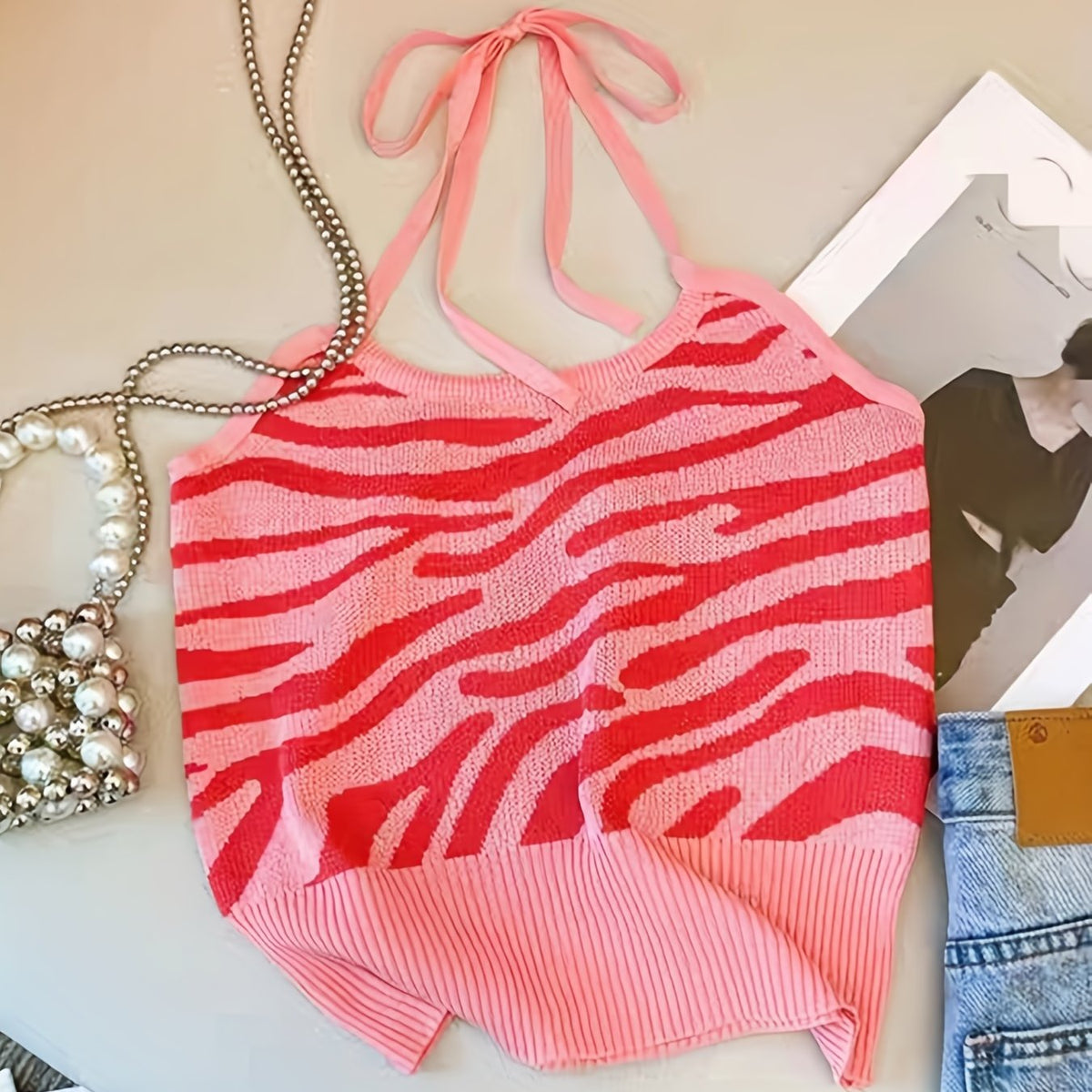 Pattern Halter Top Tie Back Sleeveless Summer Top