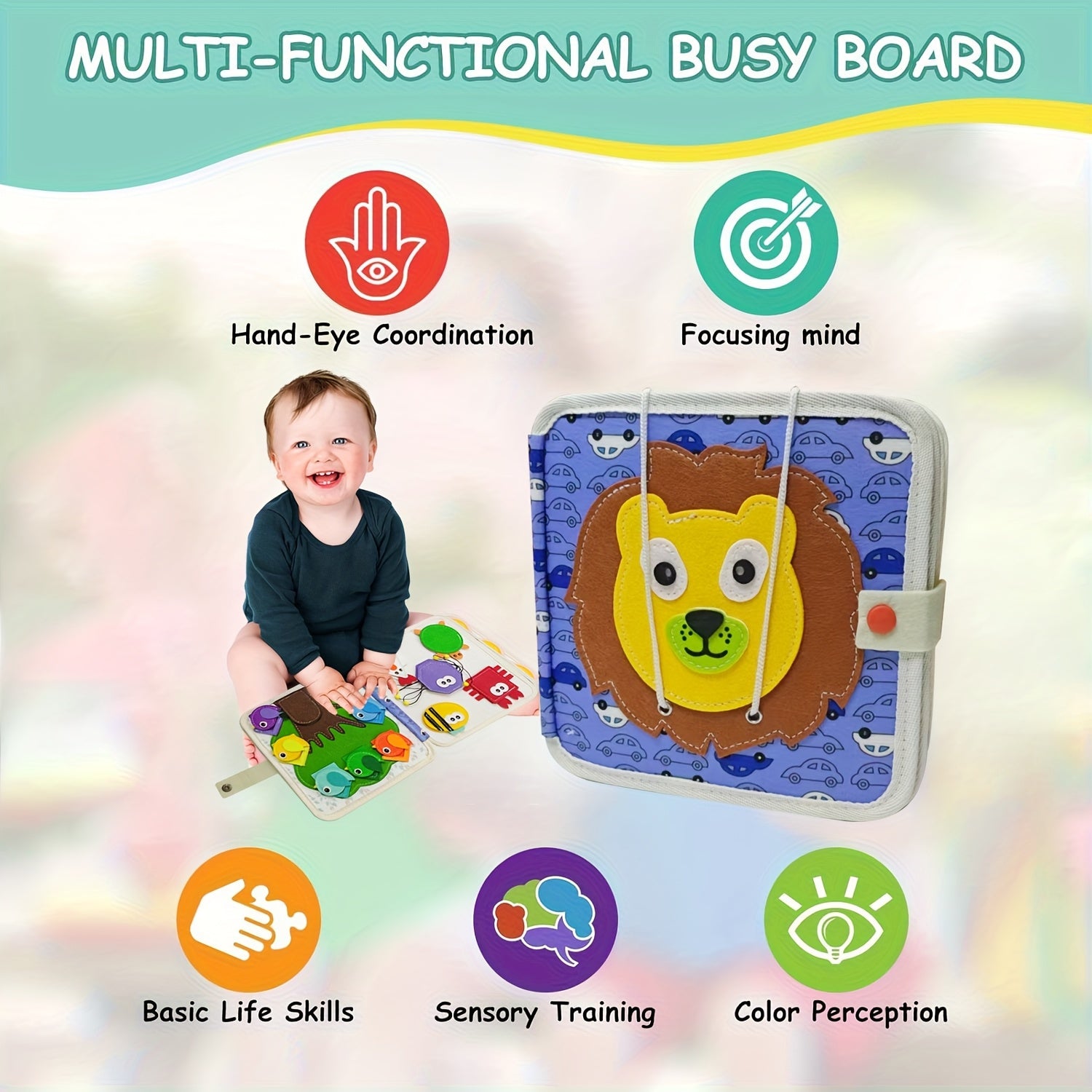 Kids Lion Themed Busy Board Felt Learning Activity Panel Educational Toy