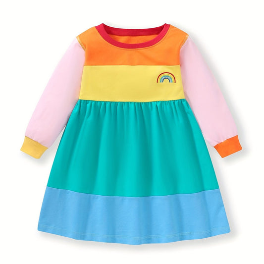 Girl's Rainbow Colorblock Stitching Embroidery Long Sleeve Dress