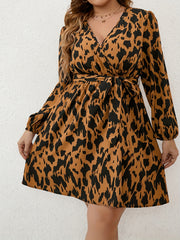  Leopard Print Long Sleeve Wrap Dress With Belt