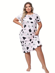 Women's Plus Cow Print Short Sleeve Round Neck High Stretch Sleep Dress