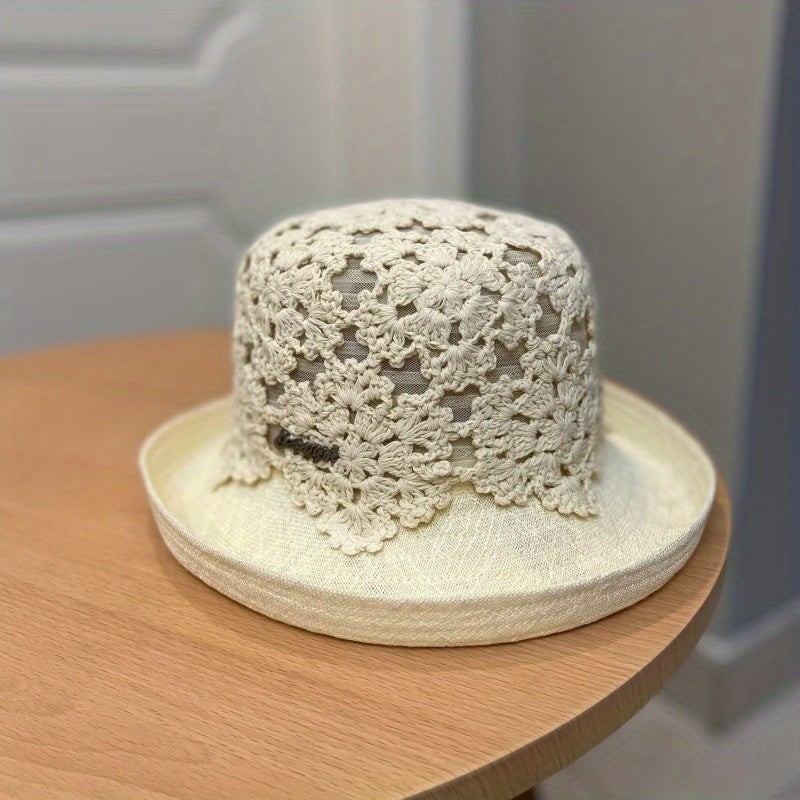 Flower Hollow Knitted Sun Hat Bucket Hat Foldable Cloche Hats for Women Summer